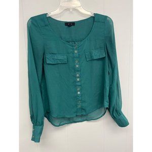Mine‎ Green Top Blouse Sheer Button Small